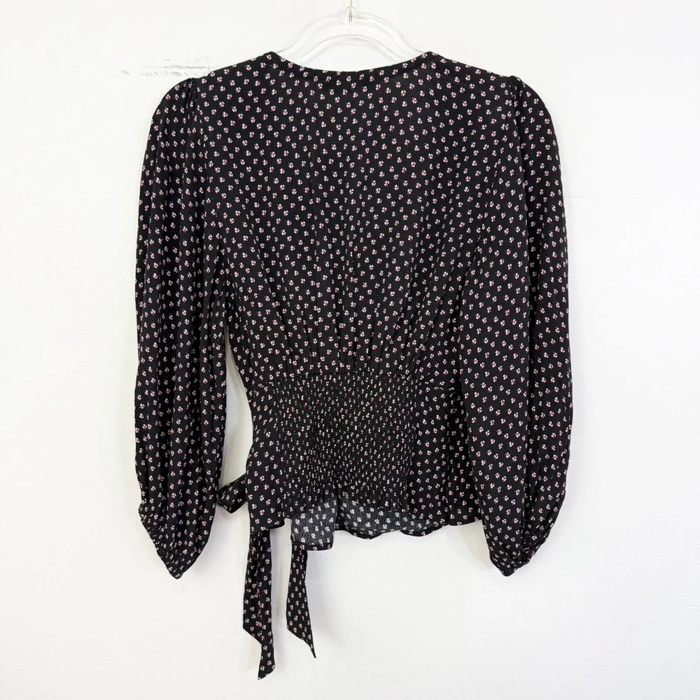 Abercrombie & Fitch Black Floral Wrap Tie Blouse Puff Sleeve Size S